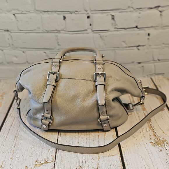 Michael Kors Bedford Belted Med Bowling Satchel Light Grey Pebbled Leather Bag - Picture 2 of 8